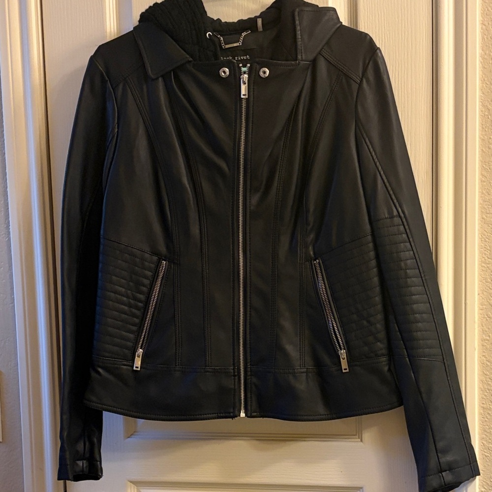 Black Rivet Women's Black Leather Jacket with Quilted Sleeves